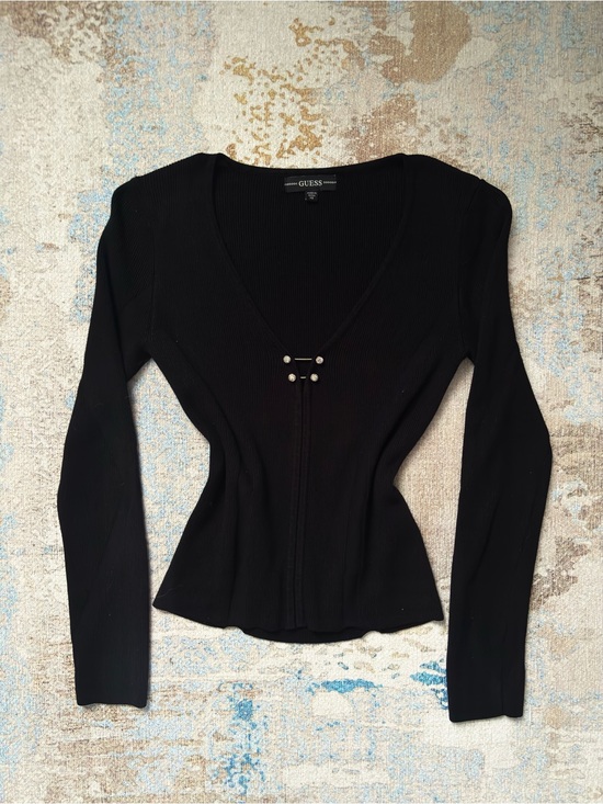 Guess Tops - Guess Black Ribbed V-Neck Long Sleeve Top